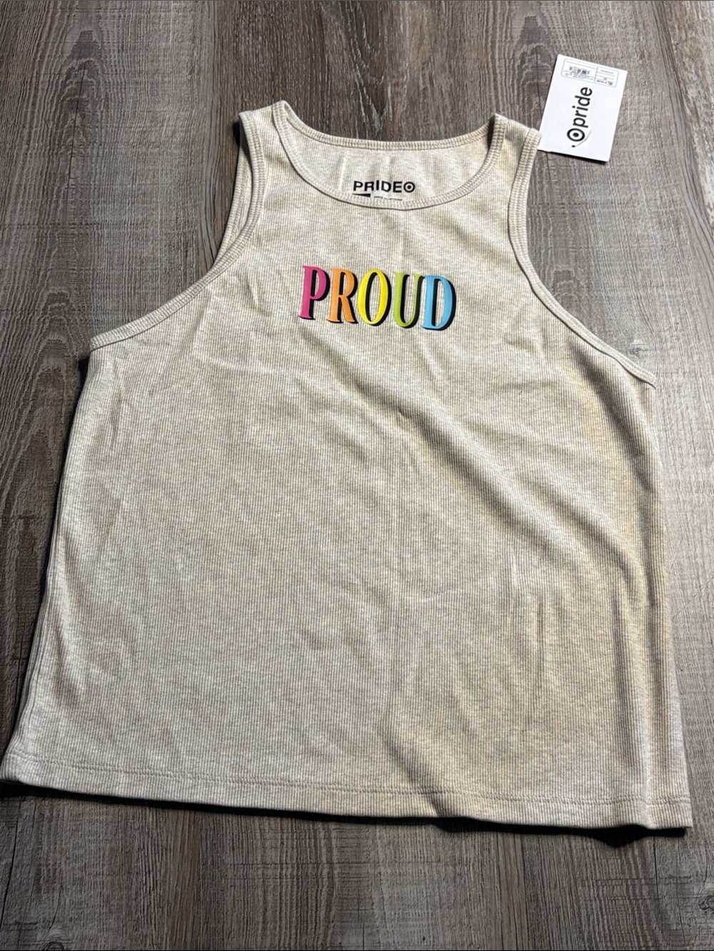 Target PRIDE “PROUD' Tank Top in Beige with Rainbow Letters